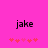 A bright pink background displays the name 'jake' in black pixelated text with a of five pink heart shapes below it, showing two distinct animation states