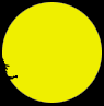 Yellow circular background with black witch silhouette riding broomstick, moving across frame from left to right.