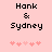 Pixelated text 'Hank & Sydney' in black on pink background with five small pink heart shapes below.