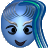 Pixelated blue circular icon with light blue face, black eyes, and a smiling mouth, featuring a side-swept blue and teal hair strand.