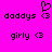 Pixelated text and symbols on a bright pink background, with 'daddys' and 'girly' text and heart symbols in black.