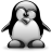 Pixelated grayscale penguin with black wings, white body, and dark beak, standing upright with arms outstretched against a solid gray background.