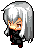 Pixel art chibi-style character with long silver hair, black outfit, and orange facial features against a gray background.