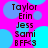 Static image with bright pink background and blue circles, displaying repeated text list of names and 'BFF<3' in dark brown pixelated font.