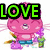 Pixelated pink character with large eyes and a flower, holding a green object, with 'LOVE' text above and 'POPPET!' below.