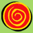 A 48x48 pixel animated contact sheet showing three frames of a circular red and yellow spiral icon with text variations, displayed on a light green background.