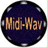 Circular icon with dark blue background and black border, displaying 'Midi-Wav' text in orange-yellow gradient across multiple orientations.