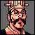 Pixel art portrait of a character with stylized facial features, wearing a striped headpiece and dark clothing against a gray background.