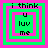 Four identical pixelated images arranged in a , each showing layered squares with text 'i think u luv me' on green and pink backgrounds