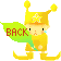 Pixelated character in gold outfit with star hat and green wings, holding 'BACK' text, showing color shift on wings and text