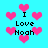 Pixelated cyan background with pink heart shapes and black text reading "I Love Noah" in four quadrants.
