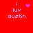 Red background with pixelated text 'i luv austin' and four distinct animated symbols: pink heart, purple starburst, purple dot cluster, and solid purple 'i'.