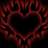 A static pixelated icon featuring a dark red heart shape surrounded by ornate, symmetrical decorative elements on a black background.
