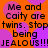 Orange background with purple circular patterns and repeated black text stating "Me and Caity are twins. Stop being JEALOUS!!!JEALOUS!!!".