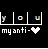 Pixelated static buddy icon with three small icons in a row above text reading 'myanti-' followed by a white heart symbol on black background.