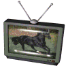 Four television sets with antennas display different animals: a black horse, brown horse, moose, and dark animal in various outdoor settings.