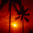 A pixelated beach scene with palm trees, a setting sun, and directional signs under a blue sky.