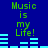 Green text reads "Music is my Life!" on a blue background with cyan audio equalizer bars, displayed in two identical horizontal sections.
