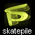 Pixelated yellow-green stylized 'P' icon with dark shadow on black background, below which is white pixelated text reading 'skatepile'.