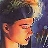 Pixelated profile of a person with closed eyes, orange-toned skin, and dark hair against a dark blue background with light streaks.