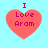 Four identical red hearts on light blue background, each with 'I Love Aram' text in purple above the heart.