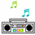 six distinct buddy icons featuring a boombox with musical notes, a partial face with 'Be cool' text, and colorful abstract shapes