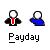 Pixelated icon of a figure in black suit with red tie, holding blue hand-shaped object; text "Payday" below. Some frames show red splatter on the hand.