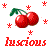 Pixelated cherry icon with green stems and red starbursts, displaying 'luscious' text below in matching pixel art style.
