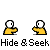 Pixel art character in yellow shirt with white head performs actions across three of speech bubbles and repeated text