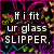 Pixelated text on dark background with colorful abstract patterns, displaying two phrases about glass slippers and Cinderella.