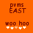 Pixelated orange background with brown text 'pymms EAST' and 'woo hoo', white plus signs below, two variations of sign coloration.