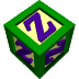 Green cube with purple 'Z' on yellow faces, rotating in a of identical cubes against gray background