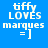 Four pixelated text in blue, green, green, and teal backgrounds with white text reading 'tiffy LOVES marques = ]'