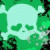 Pixelated green and white icon featuring a stylized skull with heart-shaped eye sockets against a blurred green background.