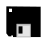 Black and white pixelated floppy disk icon with white square corner and central slot, shown in two states: closed and open with a circular element visible.
