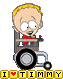 Pixelated cartoon character in wheelchair with red shirt, yellow hair, and wide eyes; text below reads "I ❤️ TIMMY" on gray background.