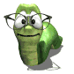 Green cartoon character with glasses and a smiling expression, shown in four sequential poses with varying eye states and head angles.