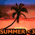 Pixelated beach scene with palm tree, sunset sky, and text reading SUMMER <3 in orange on top left