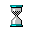 Pixelated hourglass icon with teal top and bottom sections, gray sand, and black outline, shown in multiple states of sand flow and orientation.