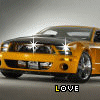 A yellow and black sports car with a black hood and silver wheels appears in a of nine identical frames, each displaying the word 'LOVE' below the vehicle