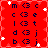 Red background with dark blue pixelated text and white star shapes, showing four identical arranged in a