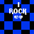 Blue and black checkered background with 'I ROCK' text in white pixelated font, two small heart icons below the text.