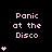 Pixelated pink text "Panic at the Disco" appears with varying numbers of pink heart symbols on a black background, arranged in a pattern with a gray rectangle in the bottom-right corner