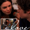 showing a woman with dark hair and a man in a blue shirt, with a white cursive 'love' text overlay and a small inset image changing across frames