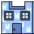 Pixel art animation of a blue robot-like character in front of a light blue house with gray windows and door, displaying 'HOME' text in red.