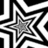 Black and white pixelated starburst pattern with concentric angular shapes radiating from a central gray square.