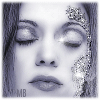 A monochrome animated avatar shows a person with closed eyes and glittering facial decorations, transitioning between eye states.