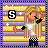 Pixel art of a blonde girl in a white shirt and checkered pants with a striped background, showing three variations of the letter S.