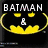 Batman and Superman logos with text 'are my HEROs' in blue pixelated font on a colorful background.