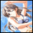 Pixelated anime-style character with brown hair and glasses in a blue background, next to stylized text on black.